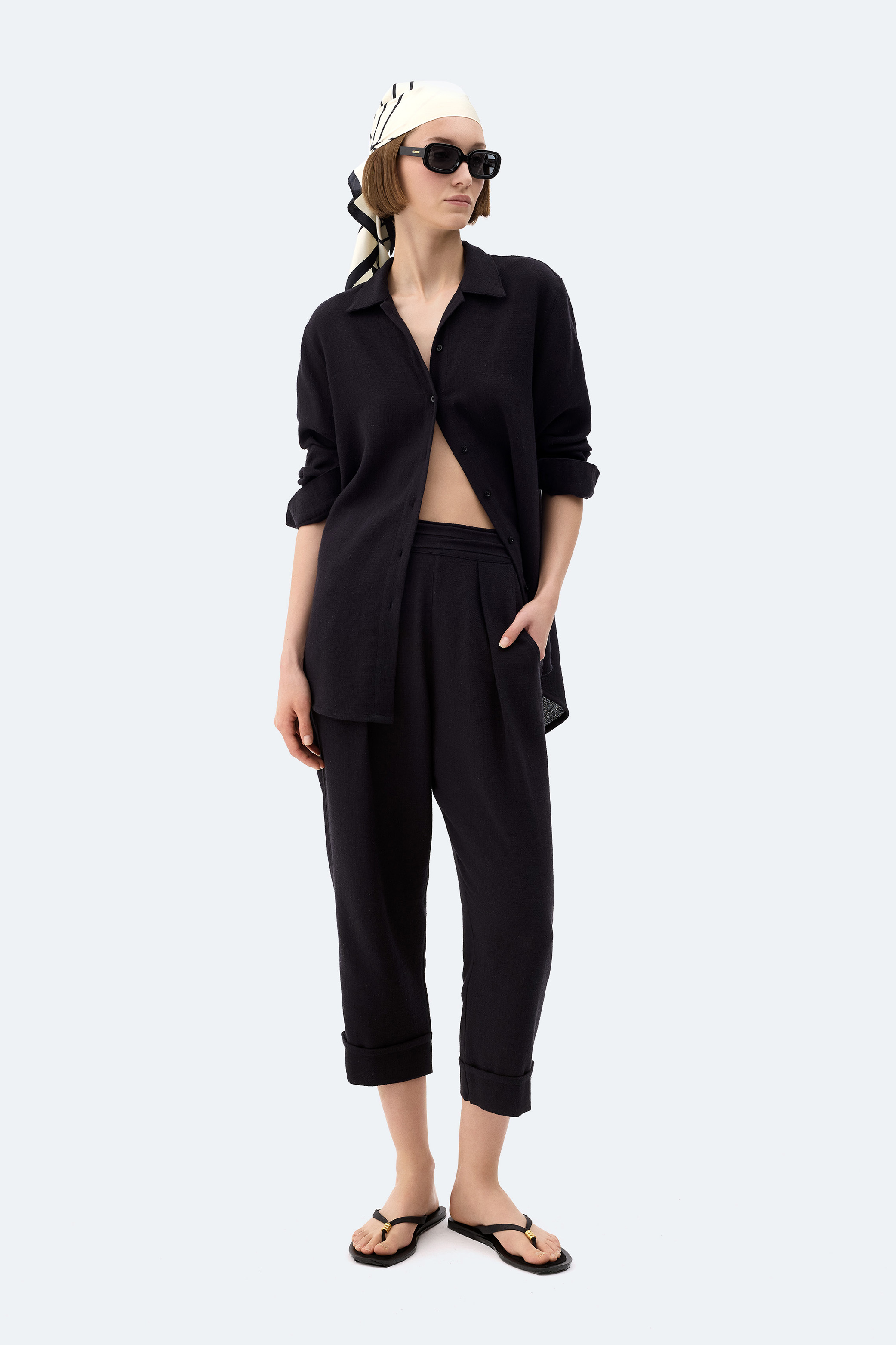 Black Linen Pleated Pants
