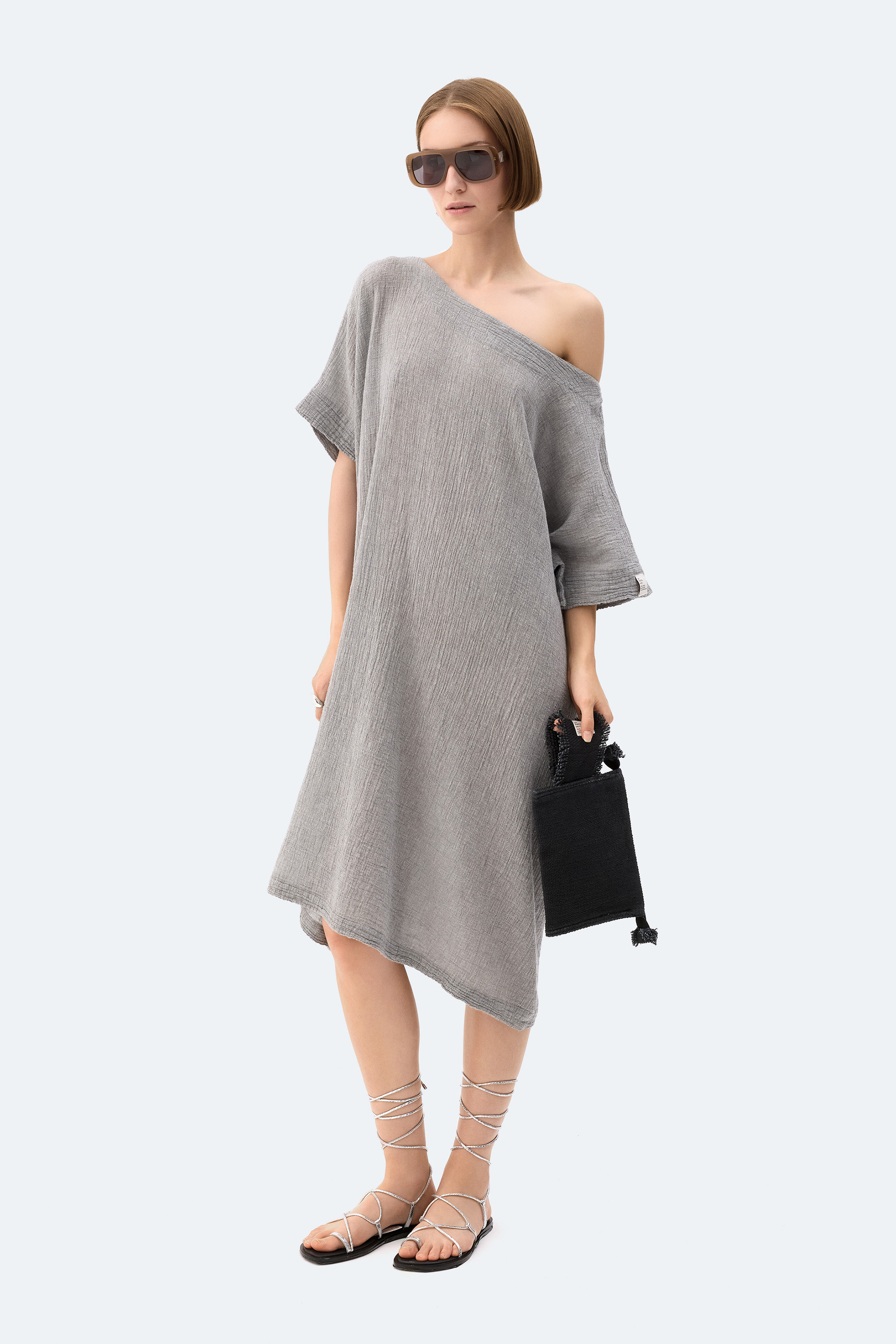 Grey Crinkle Balloon Dress