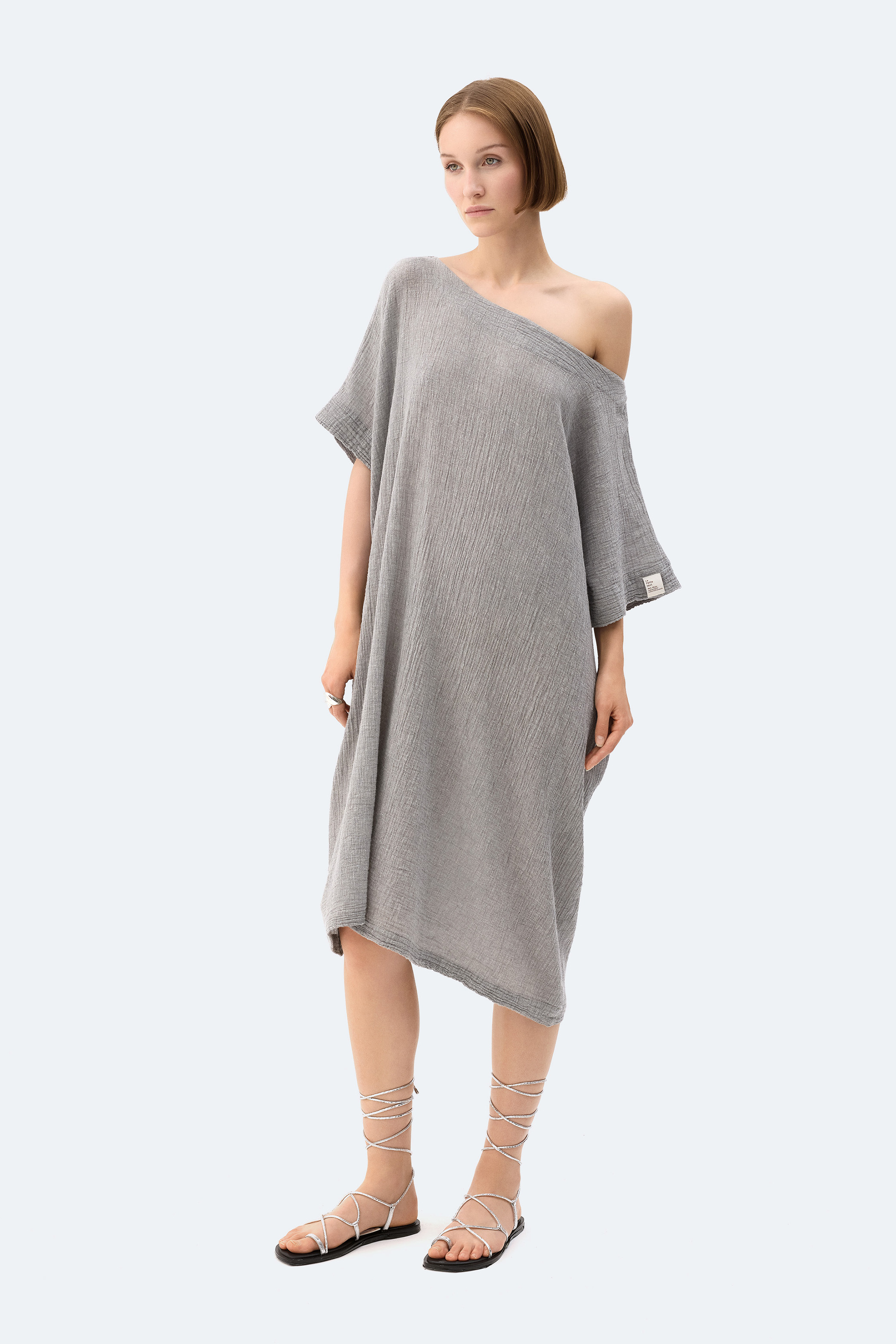 Gri Crinkle Balon Elbise