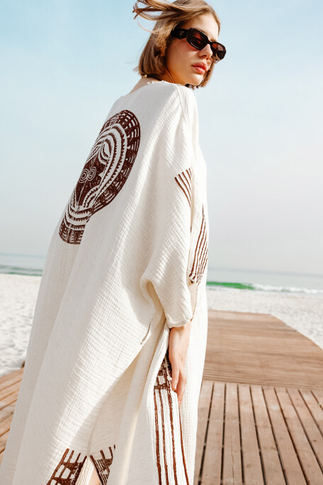 Crinkle Linen Brown Printed Kimono