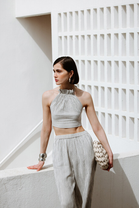 Crinkle Striped Linen Crop Top