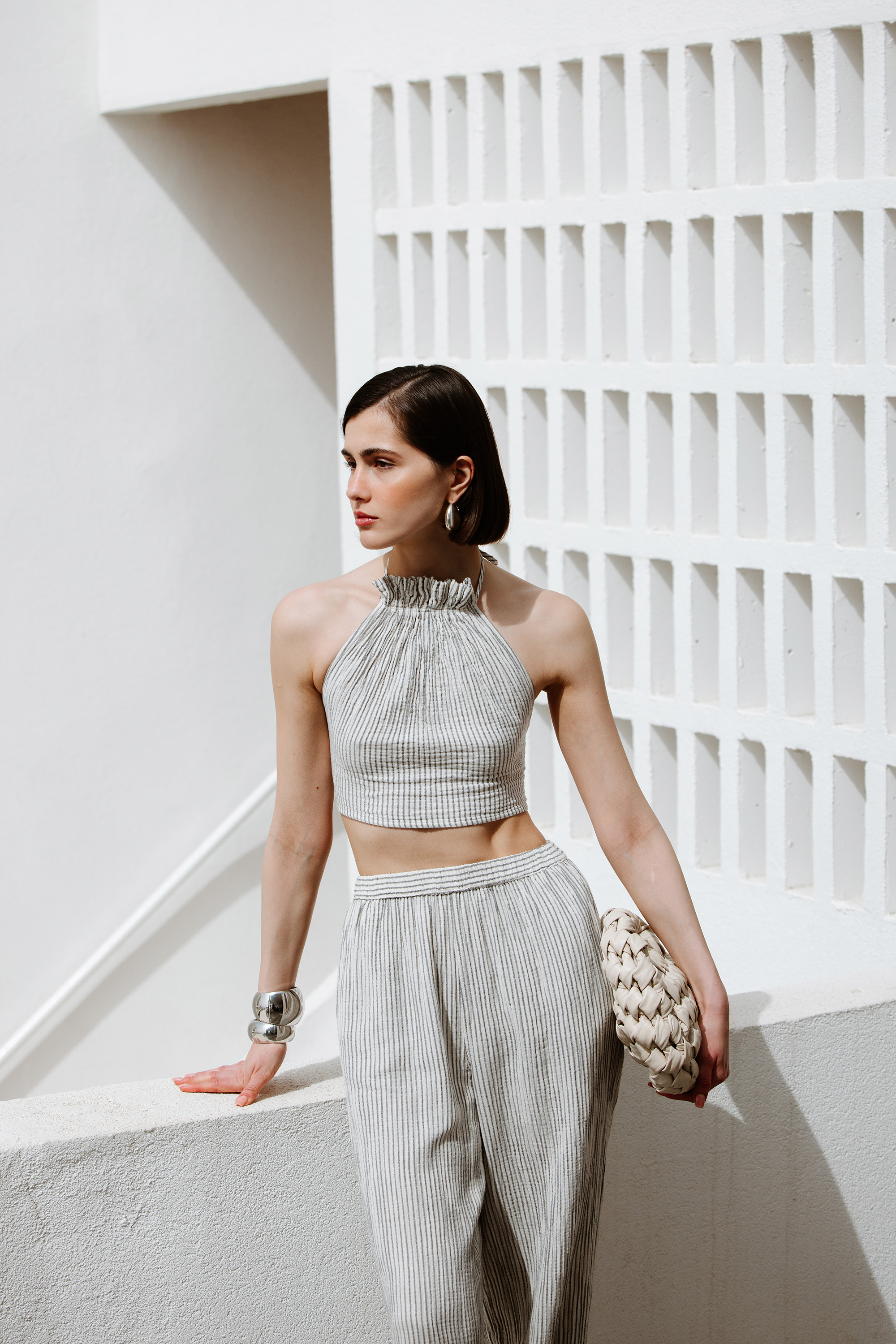 Crinkle Striped Linen Crop Top