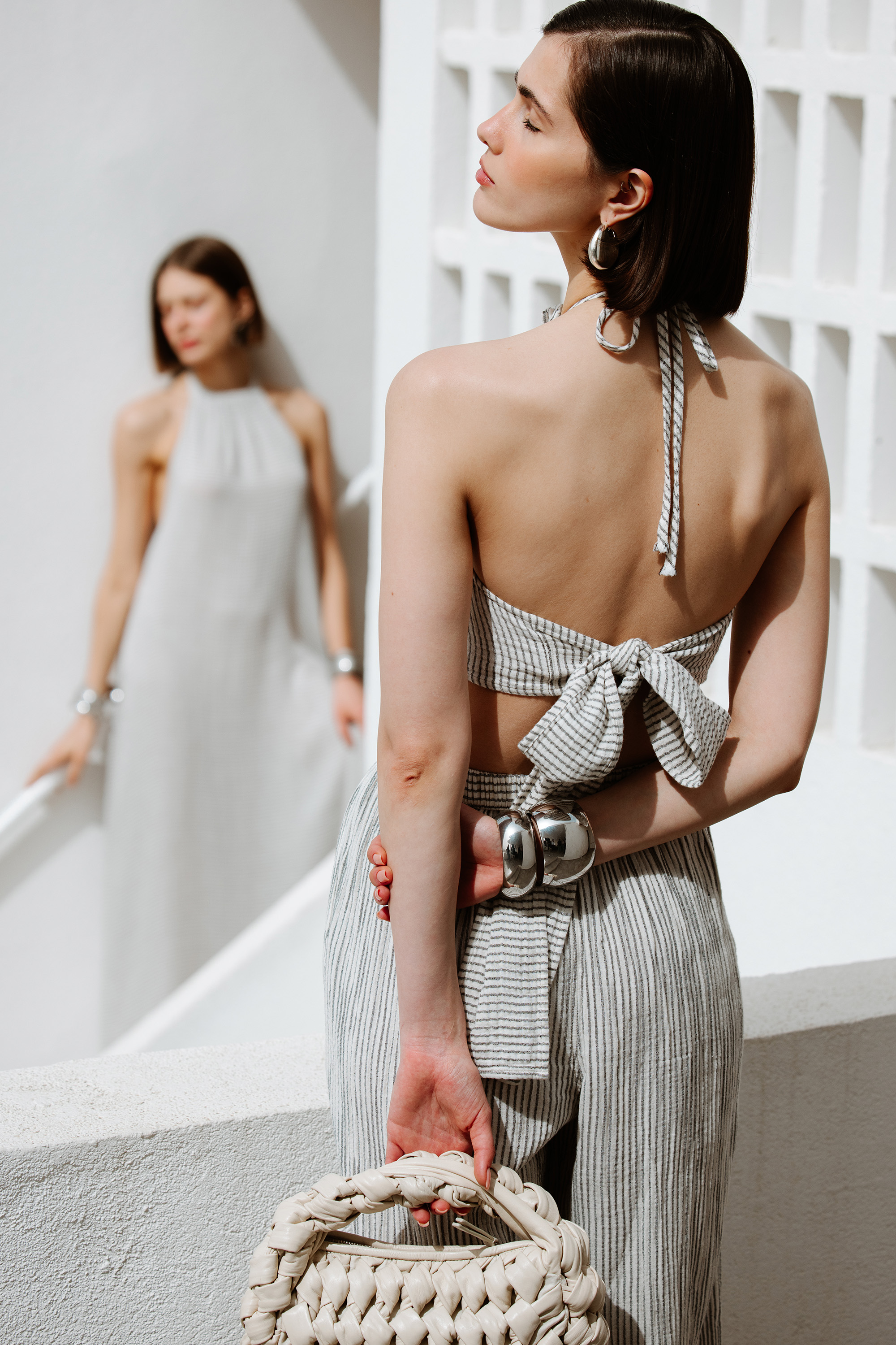 Crinkle Striped Linen Crop Top