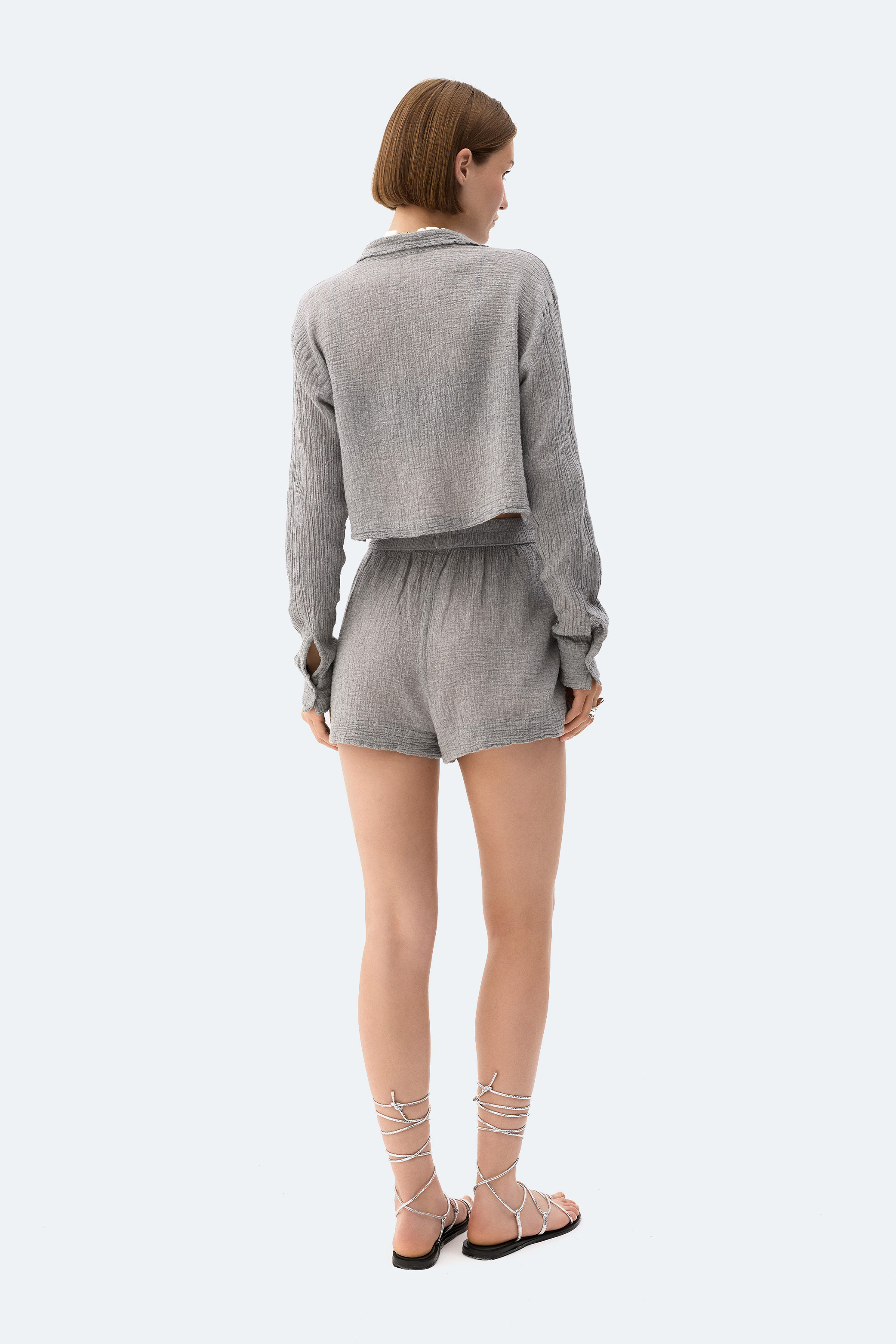 Grey Crinkle Crop Shirt